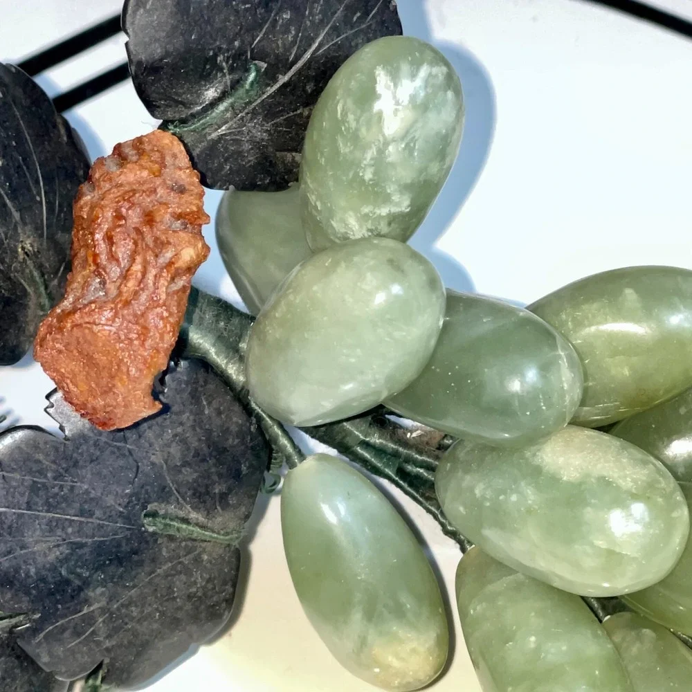 Chinese Green Stone Grapes w/ Carved Jade‎ Leaves Fruit MCM Midcentury VTG